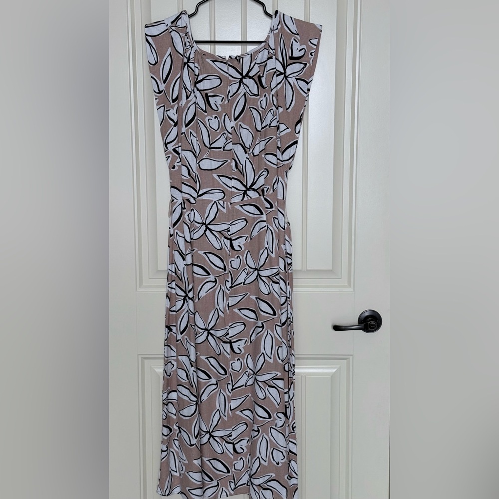 LOFT Tan Maxi Dress with Black and White Floral Pattern